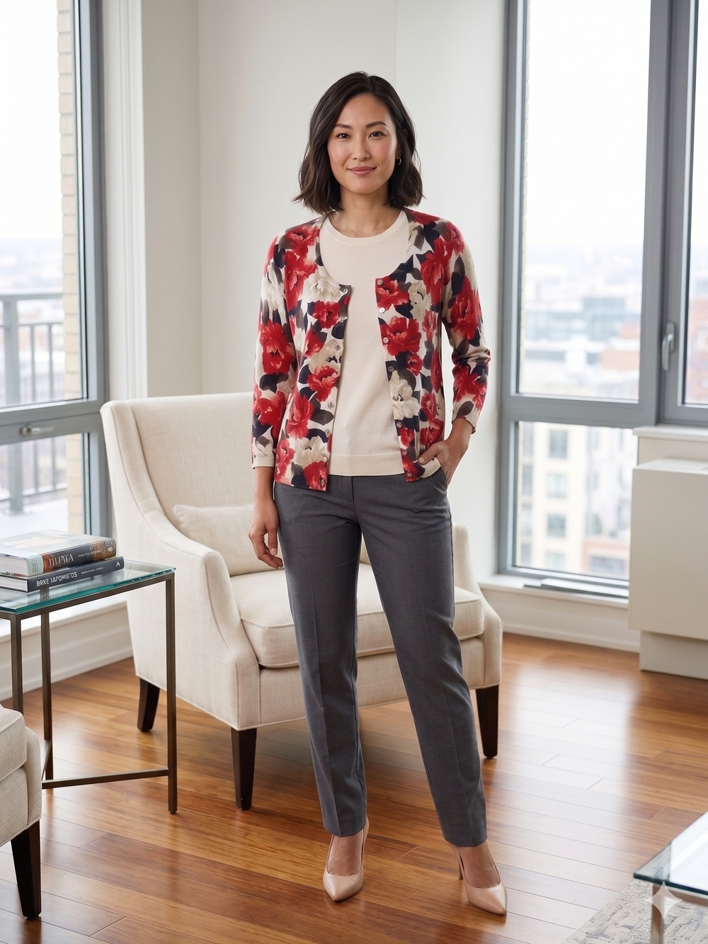 White House Black Market Cream and Blush Floral Sweater (M)